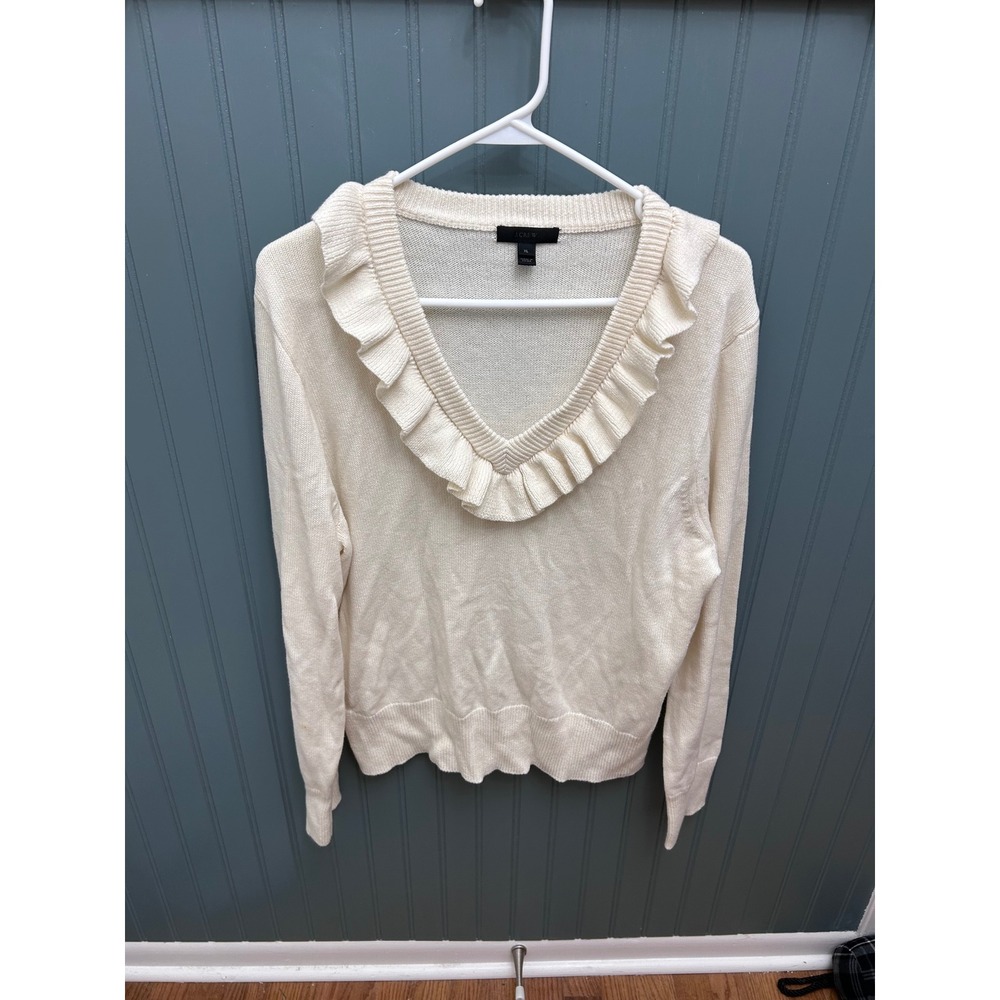 J.Crew Cream Ruffle‎ V Neck Long Sleeve Sweater Women's XL Cozy Casual